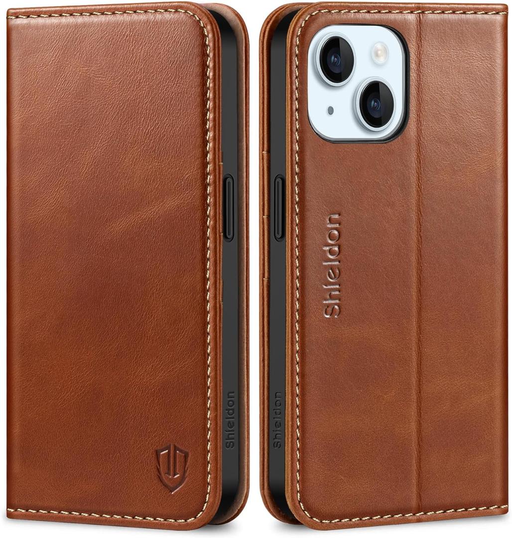 SHIELDON Case for iPhone 15 2023, Genuine Leather Wallet Book Case Magnetic RFID Blocking Credit Card Holder Kickstand Shock Absorbing Cover Compatible with iPhone 15 6.1" - Retro Brown