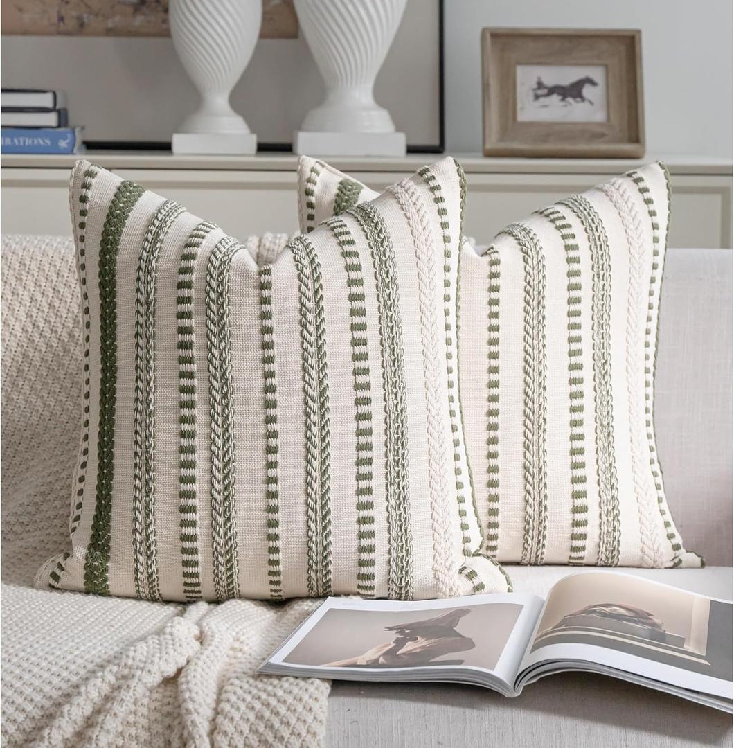 Cethom Green Boho Throw Pillow Covers 20x20 Inch Set of 2, Stripe Textured Decorative Couch Pillow Cases for Bed, Sofa, Living Room, Bedroom, Farmhouse Home Accent Cushion Covers