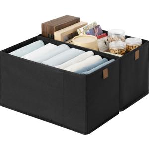 StorageWorks Narrow Baskets for Storage, Fabric Storage Bins, Small Baskets for Organizing with PU Handle, Great for Clothes, Books, and Laundry Items, Black, 2-Pack