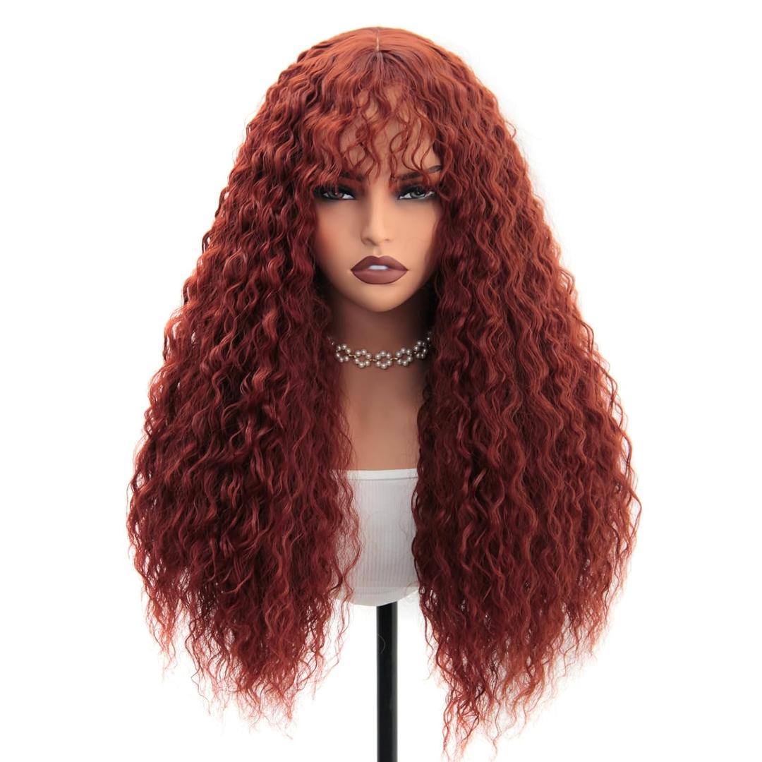 Curly Wig with Bangs for Women Long Synthetic Copper Red Curly Wigs Skin-friendly Synthetic Fibersc for Daily Festival Holiday Use Long Reddish Brown Curly Wig 26INCH