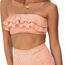 Saodimallsu Women High Waisted 2 Piece Bikini Set Bandeau Ruffle Swimsuit Top Striped Bathing Suits (Medium, Black)