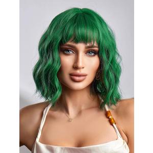 LOSMOEER Green Wig with Bangs Short Wavy Wigs for Women Shoulder Length Curly Bob Wigs Heat Resistant Synthetic Wigs for Halloween Cosplay Daily Party Use (14 Inch)