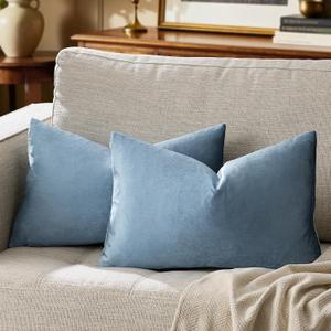 GIGIZAZA Stone Blue 12x20 Velvet Decorative Lumbar Throw Pillow Covers for Sofa Bed 2 Pack Soft Cushion Cover