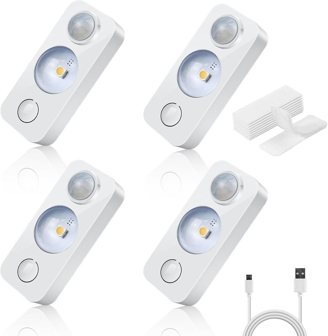 LED Motion Sensor Puck Lights, Rechargeable Cabinet Lights, Stick on Wireless LED Night Light for Closet, Drawer, Shelf, Under Cabinet, Warm White 4Pack, USB Charging Cord Included
