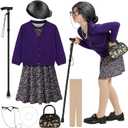 Old Lady Costume for Kids 100 Days of School Costume for Girls 100th Day of School Granny Old Lady Dress Up Accessory (5-7X, Purple)