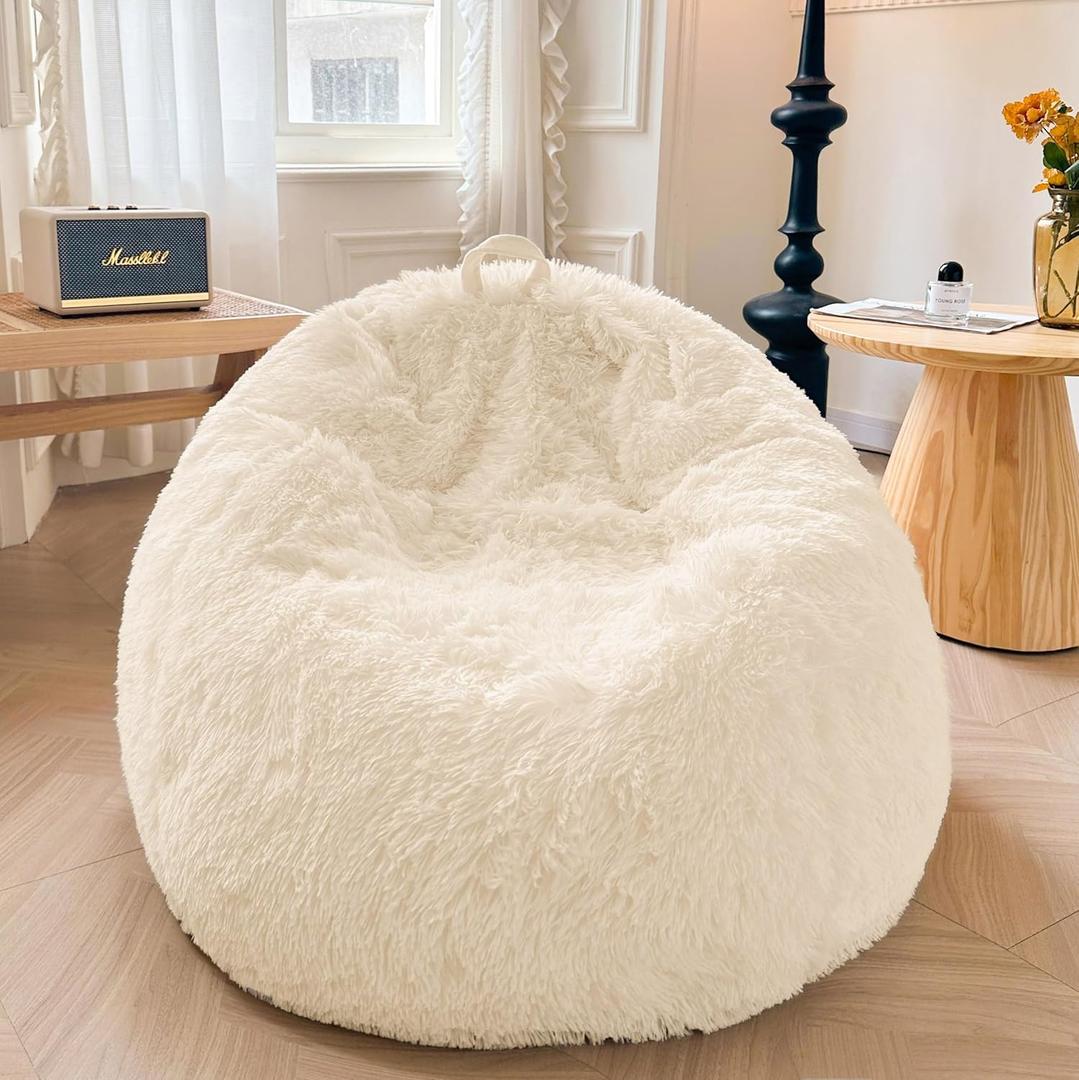 XeGe Fluffy Stuffed Animal Storage Bean Bag Chair Cover(No Filler), Faux Fur Washable Ultra Soft Bean Bag Cover for Plush Toys or Textile, Plush Shaggy Large Bean Bag for Adults Kids Teens, Beige (Large(38"x38"x40"))
