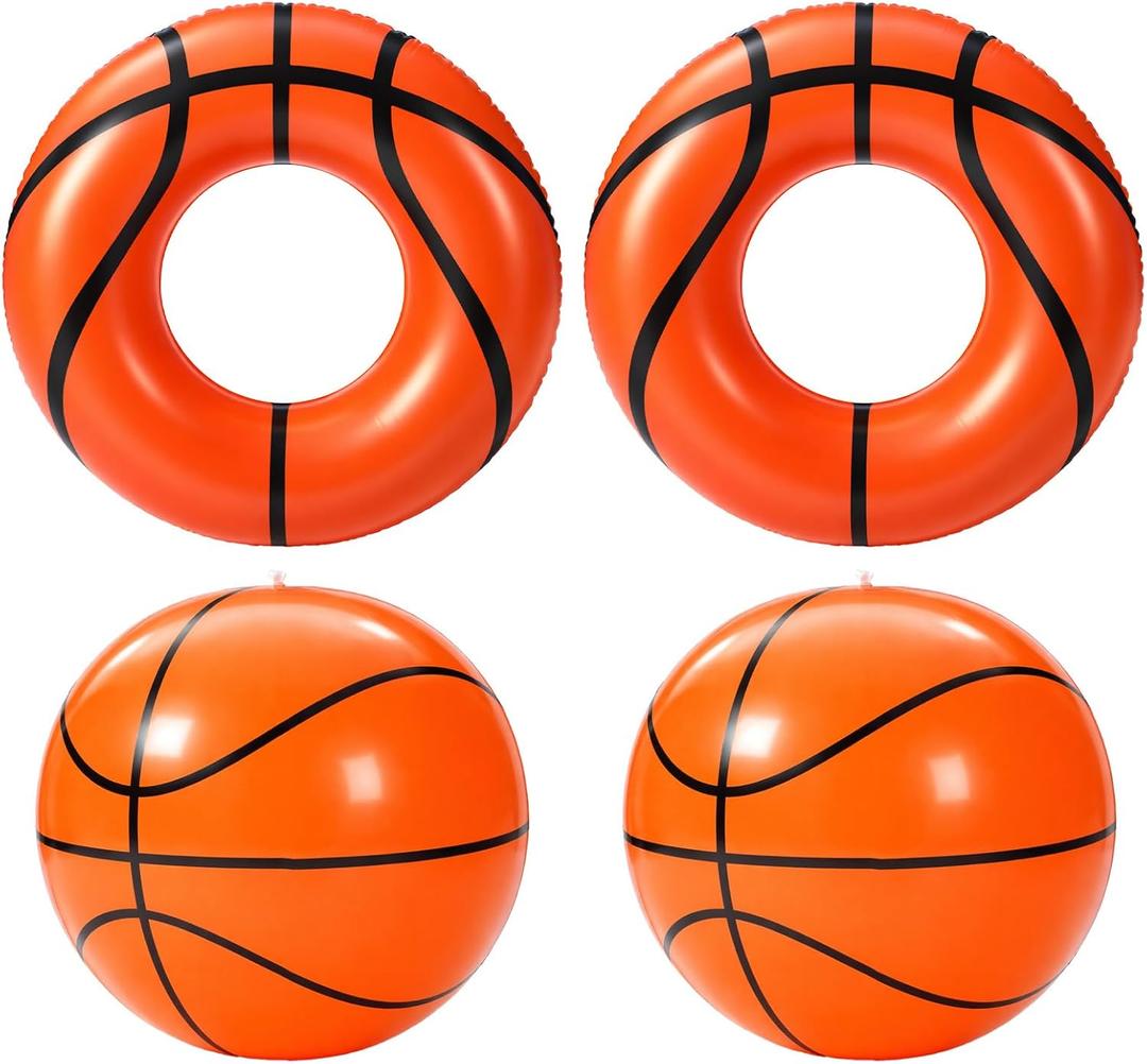 Soulchen 4 Pcs Basketball Inflatable Pool Floats Basketball Swimming Rings with 27" Inflatable Beach Balls Sports Theme Swim Tubes Rings for Adult Summer Sports Ball Decor Swimming Pool Beach Game
