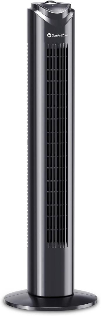 Comfort Zone 32-Inch Oscillating Tower Fan  Ultra-Slim Bladeless Design with 3 Speeds, 90 Wide Oscillation & Built-in Carry Handle  Quiet Portable Standing Fan for Bedroom, Home, or Office, Black