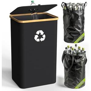 Pakusane Recycling Bin for Kitchen Indoor Home, Large 26 Gallon 100L Recycle Bin with Lid Removeable Reusable Inner Bag Bottle Can Glass Waste Plastice Stickers,Black