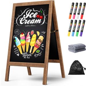 A Frame Chalkboard Sign, 40"x20" Extra Large Sidewalk Chalk Board, Wooden Standing ChalkBoards Set with Markers, Double-Sided Magnetic Blackboard for Cafs, Weddings, Party Guide, Brown