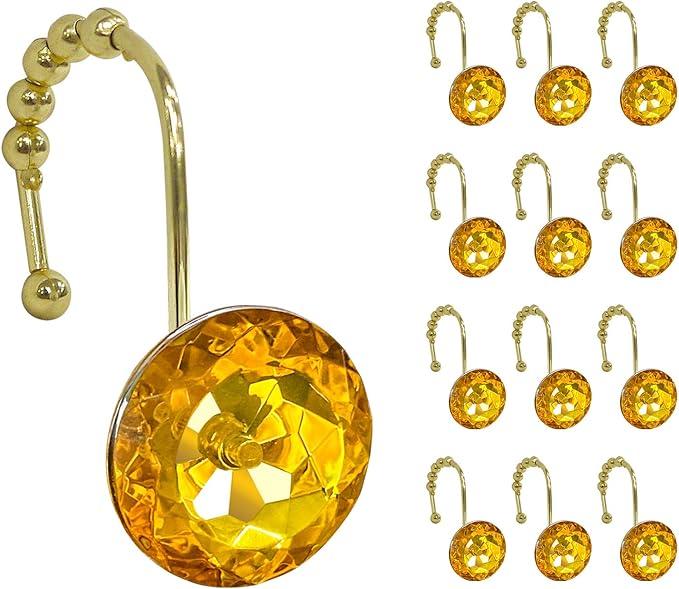 Sunlit Luxury Design Round Clear Diamond Crystal Gem Bling with Glide Balls Shower Curtain Hooks, Rust Proof Metal Rhinestones Glam Shower Curtain Rings-12 Pack