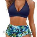 Women High Waisted Bikini Set - Two Piece Swimsuit Tummy Control Bathing Suit Halter Push Up 2025 Swimwear (Medium, Blue Leaves)