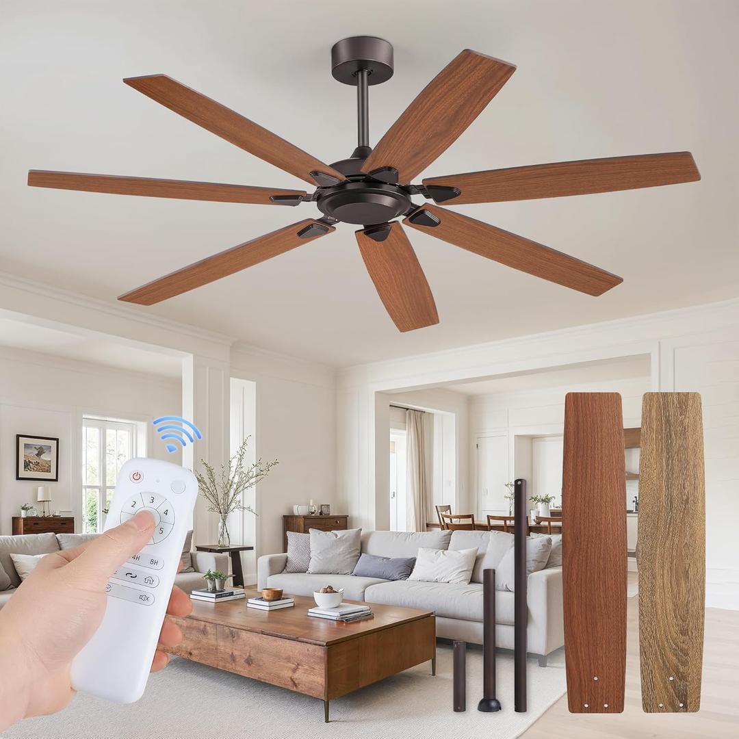 62 Inch Ceiling Fan No Light with Remote Control, Brown Ceiling Fans Without Light With 6-Speeds Quiet Reversible DC Motor, Indoor/Outdoor Ceiling Fan with Dual Finish 7 Blades for Patio Living Room (Oil Bronze)