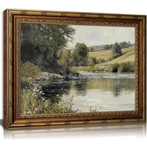 Vintage Gold Framed River Wall Art Painting, Summer River Landscape Canvas Poster Decorative Painting for Bedroom Bathroom Living Room Office Decor 16x24 inch