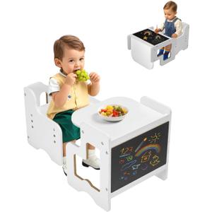 VEVOR Montessori Weaning Table and Chair Set, 3 in 1 Wooden Toddler Table and Chairs with Chalkboard, Adjustable Height Montessori Table for Ages 1-5, Ideal for Drawing, Reading, Eating - White