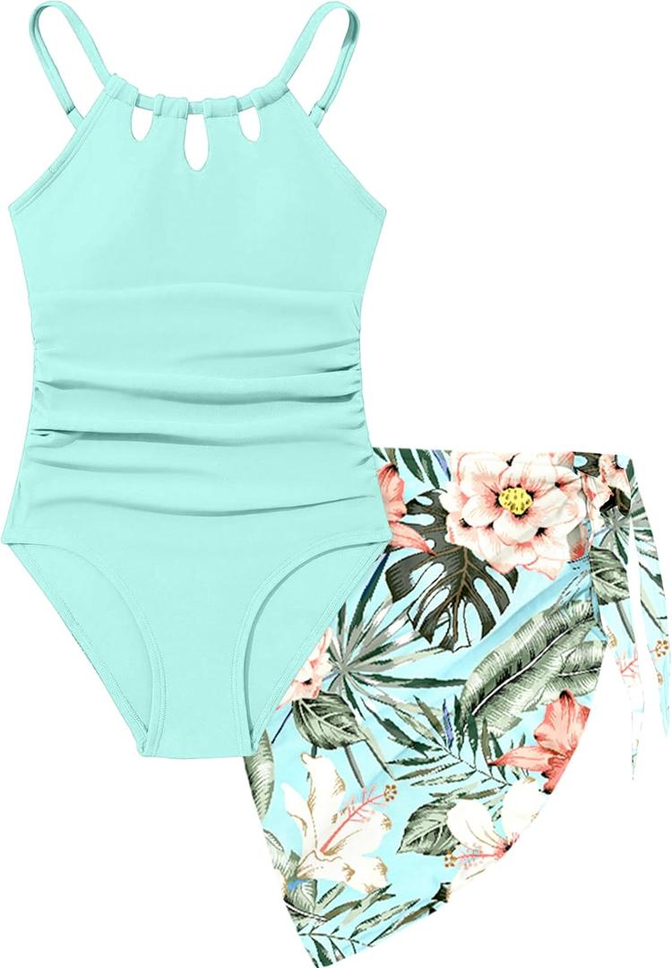 KANGKANG Girls Swimsuit Quick Dry Cut Out One Piece Swimsuits with Tropical Print Cover Up Skirt Bathing Suit Swimwear 7-18Y (11-12 Years, Light Cyan)