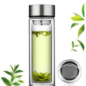 Glass Tea Infuser Bottle Tea Flood Cup 12oz/350ml, Double Wall Borosilicate Portable Travel Tumbler Mug Leakproof for Loose Leaf Flower Herbal Tea Bags