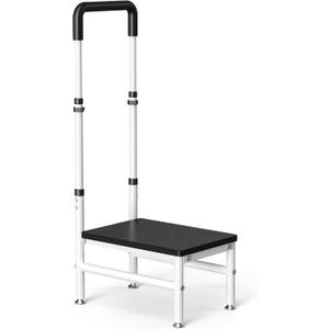 Step Stool with Handle for Adults and Seniors, Heavy Duty One Step Wooden Platform Stool with Adjustable Handrail, Wide Non Slip Footstool for Bedside, Bathroom and Home