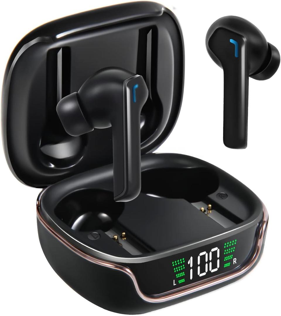 True Wireless Earbuds Bluetooth 5.3 Headphones with Superior Stereo Sound, Gaming Buds, IPX8 Waterproof Earphones, 8Hr Long Playtime/Single Charge, Touch Control in-Ear Headset w/Mic (Black & Rose Gold)