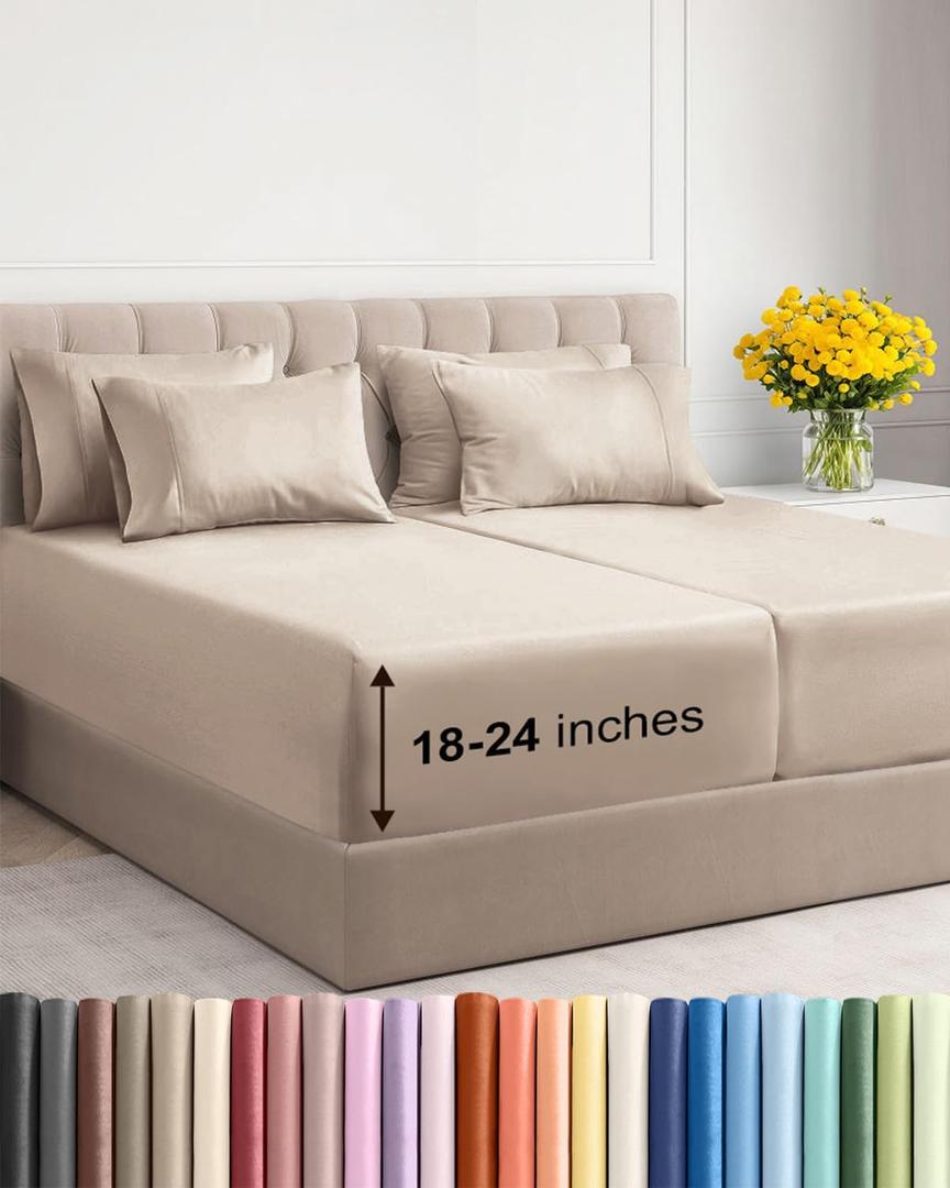 Extra Deep Split King Sheet Set - 7 Piece Breathable and Cooling Sheets - Hotel Luxury Bedding for Women, Men, Kids & Teens - Easy Secure Fit - Soft, Wrinkle Free & Comfy - Extra Deep Pockets - Wheat