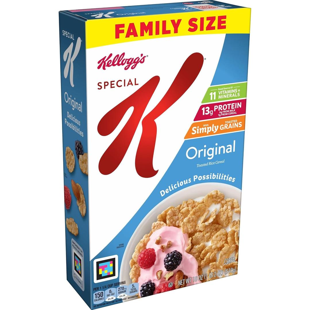 Kellogg's Special K, Breakfast Cereal, Original, Made with Folic Acid, B Vitamins, and Iron, Value Size, 18oz Box(Pack of 6), Best By: 08/20/2026