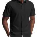 PJ PAUL JONES Men's Short Sleeve Button Down Shirts Wrinkle Free Untucked Dress Shirts for Men Stretch Collared Shirt Solid Regular Fit Black, 2 XL