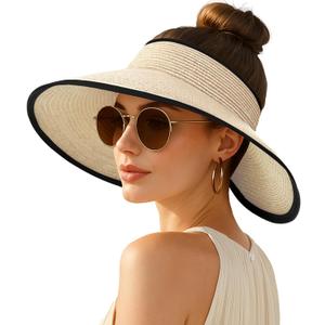 Women's Sun Visor Hats Wide Brim Straw Beach Hat Ponytail Hats for Women Foldable Floppy (1pack-beige2)