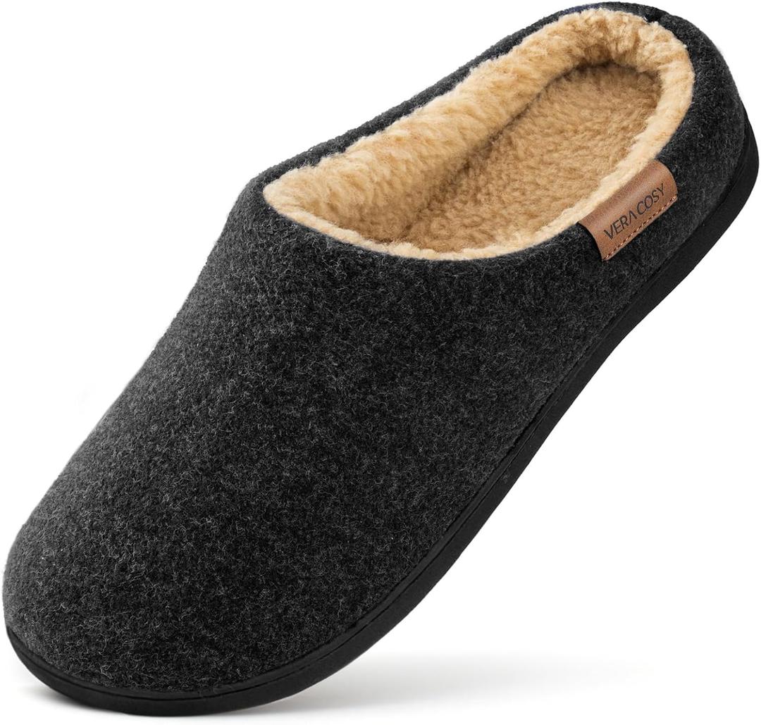 VeraCosy Men's Wool Felt Slippers with Comfy Fuzzy Faux Sherpa Slip-on Memory Foam for Indoor House (11-12, Dark Black)