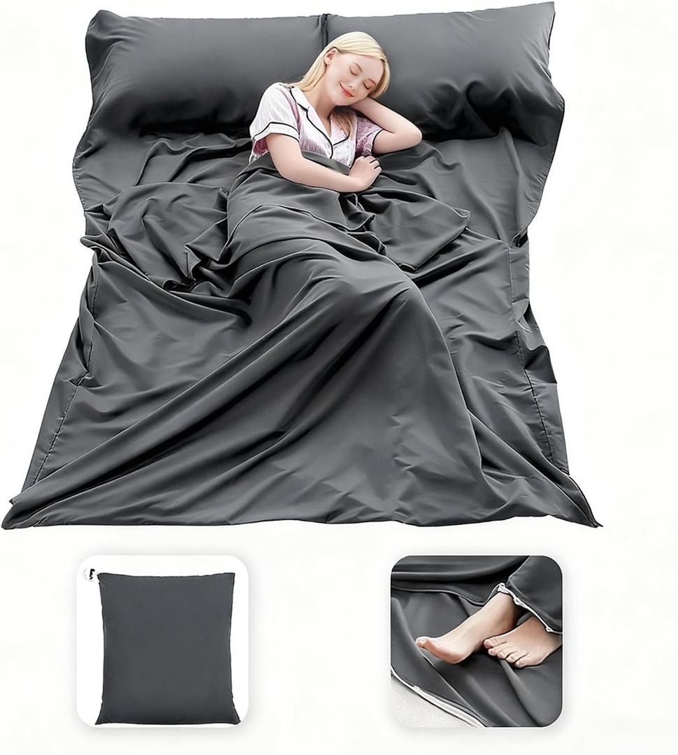 MongByYa Sleeping Bag Liner Lightweight Compact Sleeping Bag Sack Portable Clean Travel Sheet Camping Sleep Sheet for Backpacking Hotel Hiking (82.7 X 70.9, Silver Gray)