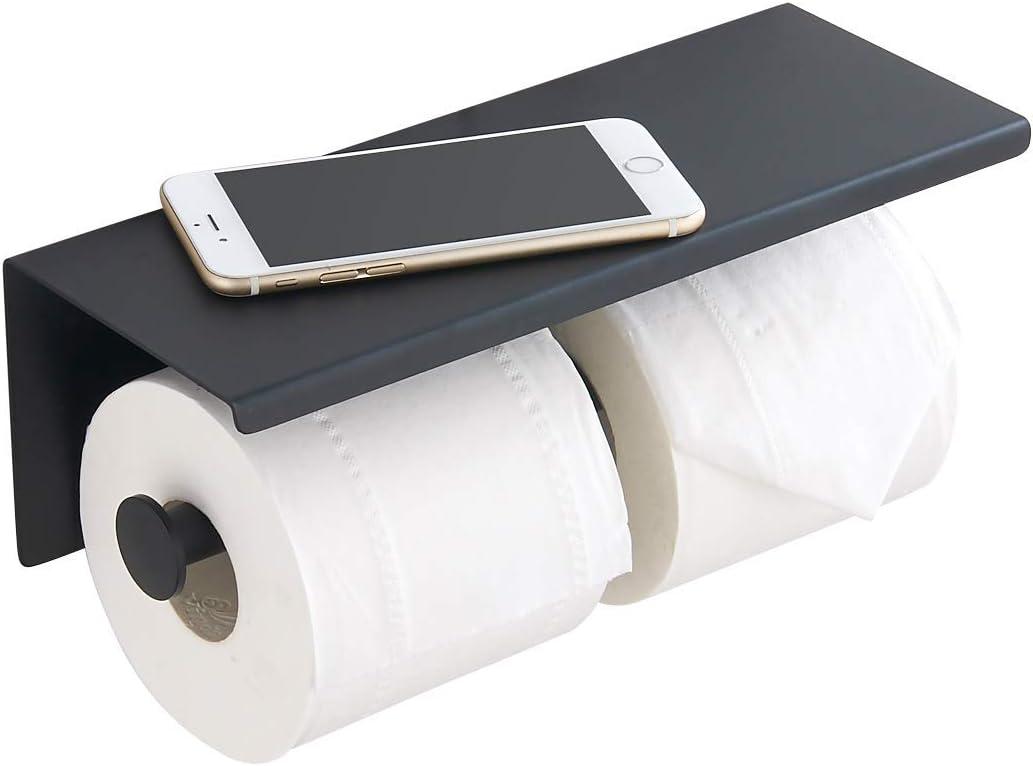 BGL Toilet Paper Holder - Stainless Steel Toilet Paper Roll Holder with Shelf Wall Mounted for Bathroom (Black, Double Head)