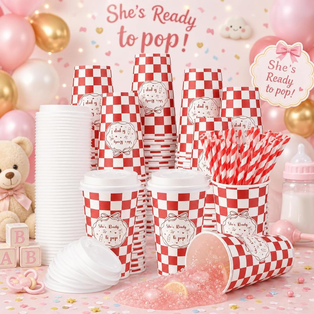 50 Sets 150 Pcs She's Ready to Pop Disposable Cups with Lids and Straws She's Ready to Pop Baby Shower Decorations Cute Soda Bow Cold Beverage Drinking Cups for Baby Shower Birthday Party Supplies, 16 oz