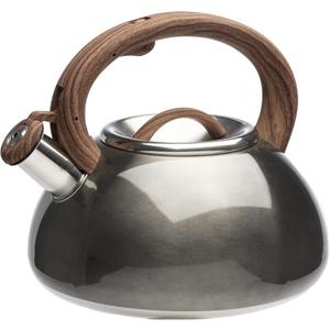 Primula Avalon Whistling Stovetop Tea Kettle, Food Grade Stainless Steel Wide Mouth, Fast to Boil, Cool Touch Handle, 2.5-Quart, Gunmetal Grey and Wood-Look