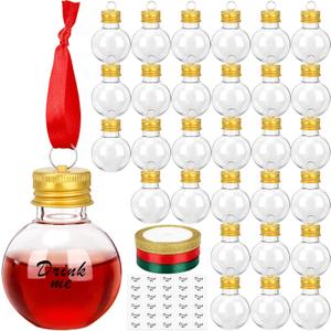 30 Pieces Christmas Booze Balls, Christmas Tree Hanging Ornaments Clear Plastic Fillable Bulbs Pendant Ball with Screw Caps and Ribbons for Christmas Home Party Decor (Gold)
