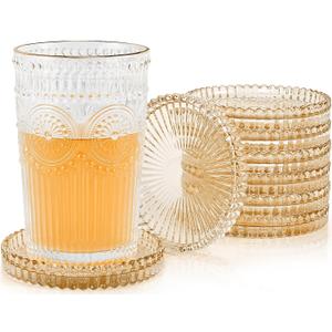 Vintage Glass Coasters, GOH DODD Set of 8 Crystal Coasters Tabletop Protection for Drinks, Home Decor, Kitchen, Living Room, Patio, Wedding, Party, Housewarming Gifts, Amber