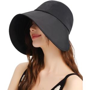 Wide Brim Sun Hats for Women UV Protection Beach Hats Sports Sun Visor Bucket Hat Foldable Summer Vacation Outdoor (Black)