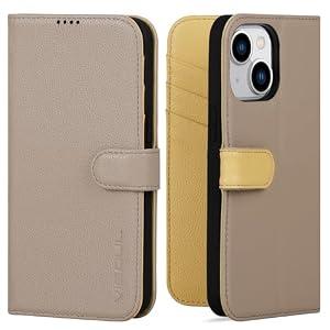 VISOUL Real Leather Wallet Case for iPhone 15, Pebbled Leather Magnetic Folio Case with Card Holder Kickstand Shockproof Phone Cover Designed for iPhone 15 (6.1 inch)-Apricot+Lemon Yellow