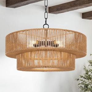 LamQee 22 Inch Farmhouse Rattan Chandeliers, 5 Lights Boho Chandelier Light Fixture with Hand Woven Wicker Shade, Large Rattan Pendant Lights Ceiling Hanging Lighting for Dining Room Kitchen Island (22" Brown and black metal)