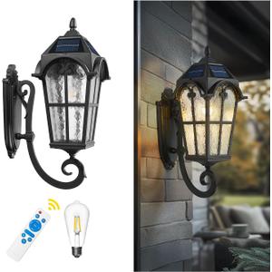 Emliviar Exterior LED Solar Wall Sconce with Remote Control, 24'' Front Door Wall Lantern with Water Grain Glass Shade, Waterproof Solar Black Wall Light with E26 Bulb, YXE302MB-SL BK