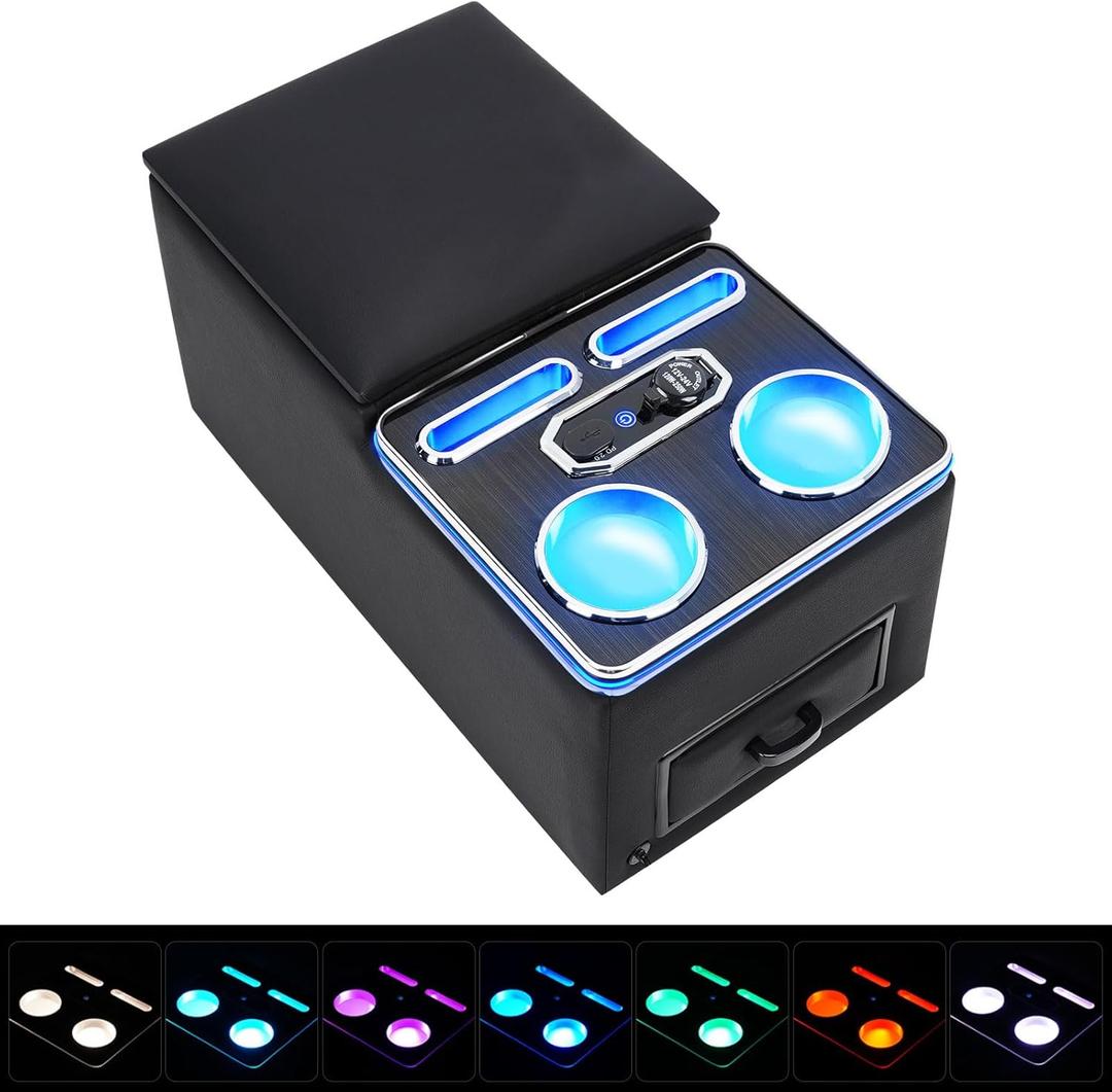Universal Bench Seat Center Console, Center Console Organizer with Fast Phone Charging & Upgraded 7-Color Adjustable LED Lighting (Black)