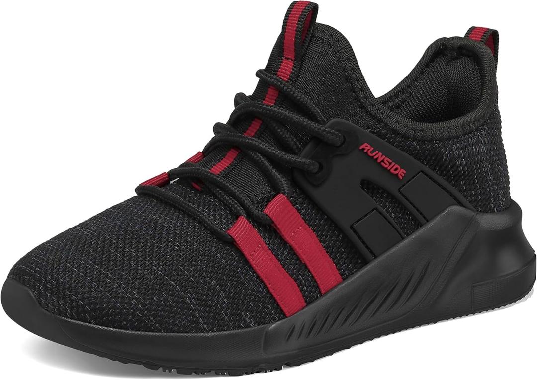 RUNSIDE Boys Girls Tennis Shoes Kids Lightweight Breathable Sneakers Lace-up Running Athletic Shoes for Toddler/Little Kid/Big Kid (Black/Red, 1 Big Kid)