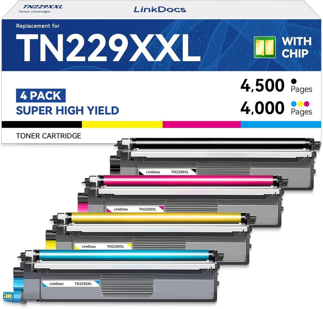LinkDocs TN229XXL Super High Yield Compatible Toner Cartridge Replacement for Brother TN-229 TN229 TN229XL TN-229XXL ( Print up to 4,500 Pages per Black, up to 4,000 Pages per Cyan/Magenta/Yellow)