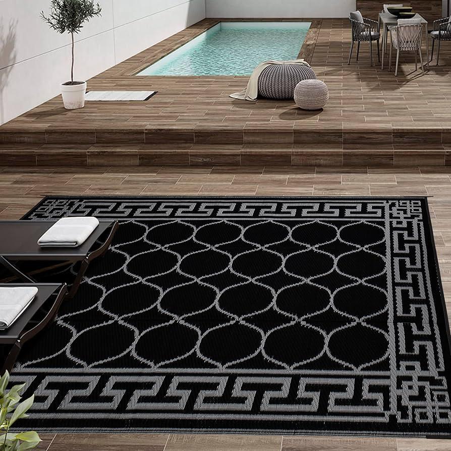 Easy-Going Reversible Outdoor Rugs 4x6ft Waterproof Plastic Straw Rug Stain & UV Resistant Floor Mat for Patio Porch RV Backyard Pool Deck Picnic Beach Trailer Camping (Lantern/Black & Gray)
