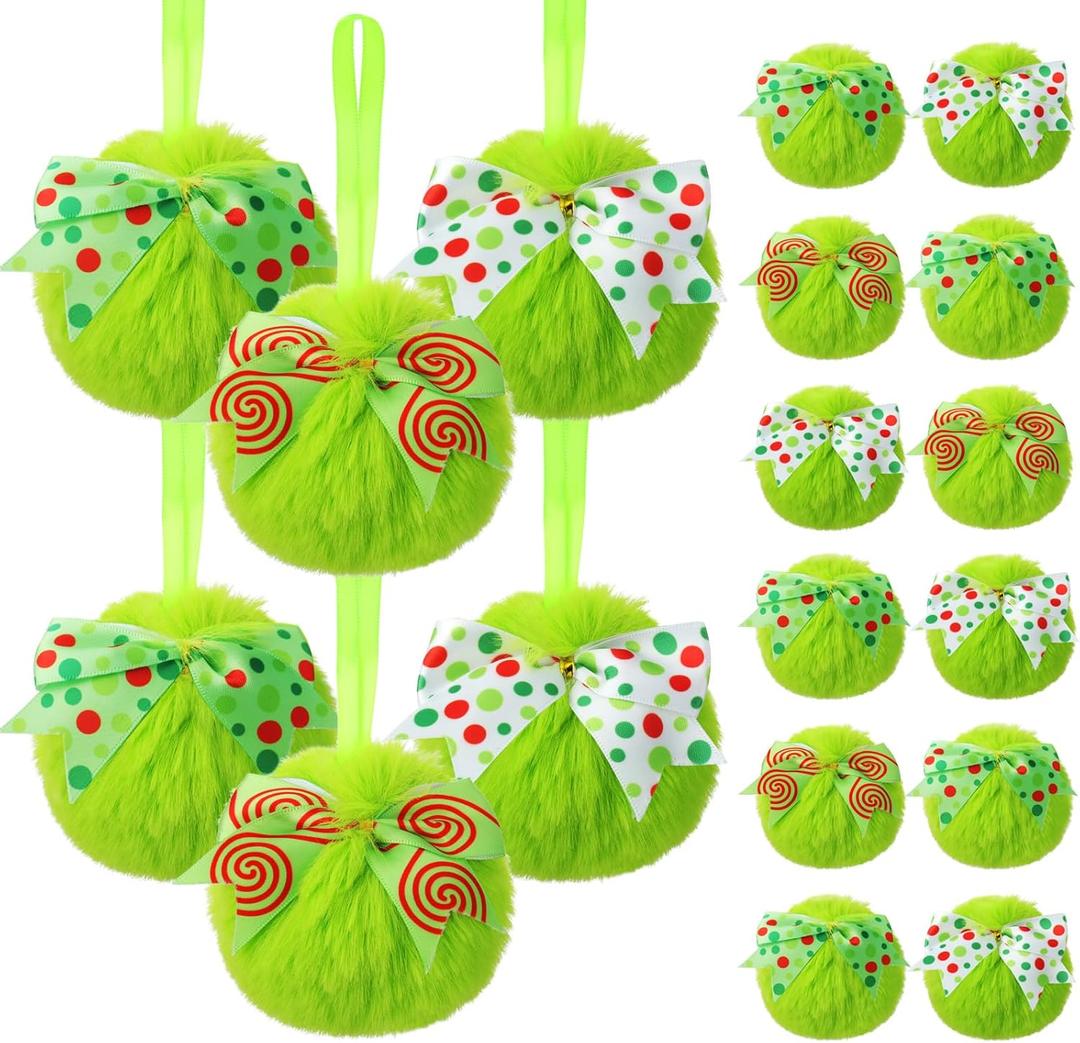 Liliful 18 Pcs Lime Green Furry Christmas Ball Ornaments3.15 Inch Bow Xmas Furry Ornaments Hanging Christmas Pom Pom Ball Decorations for Home Xmas Tree Party Supplies Wall Decor (Style 4, Multicolor)