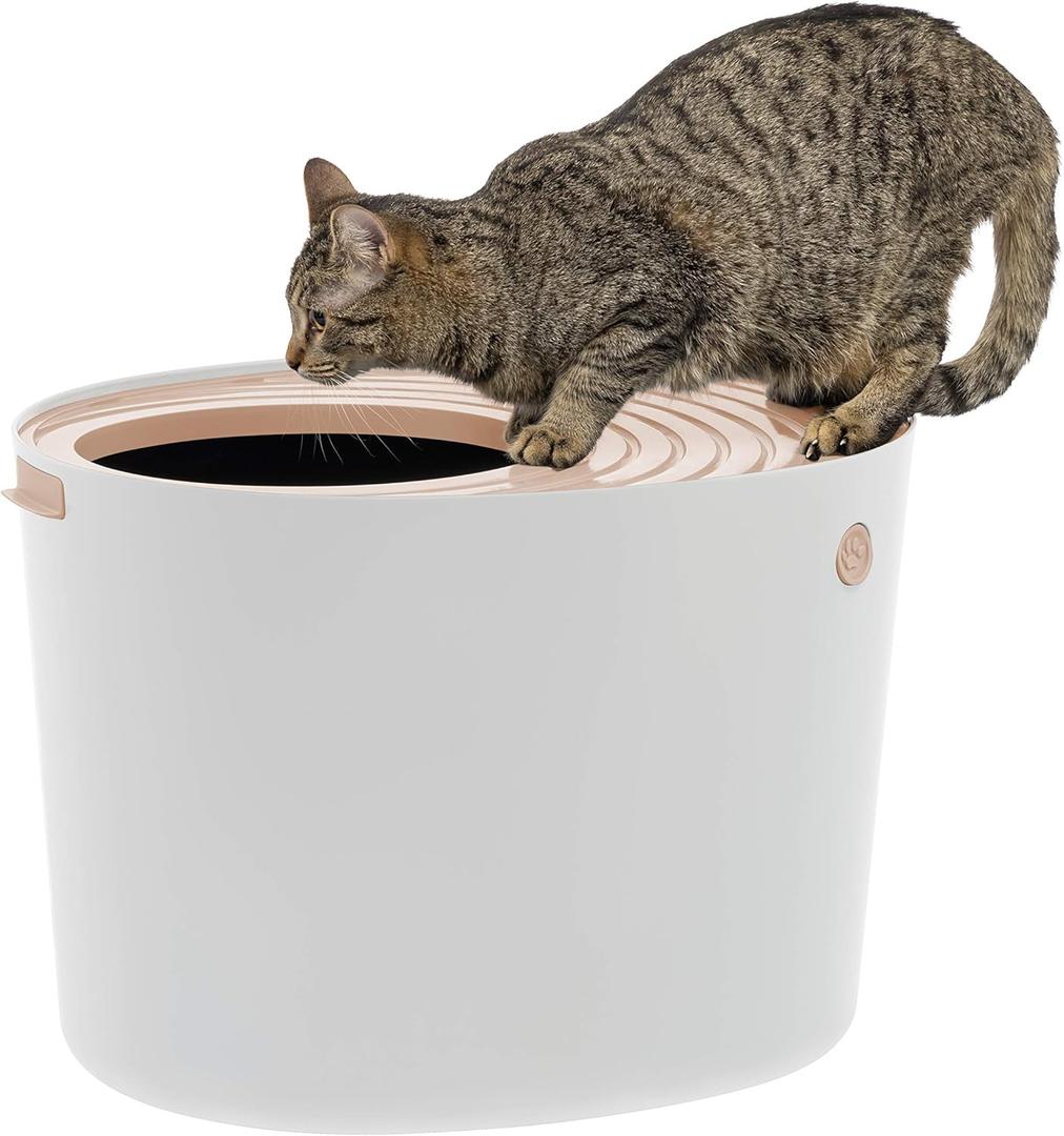 IRIS USA Cat Litter Box, Top Entry Litter Box with Scoop, Stylish Round Cat Litter Box Enclosure, Kitty Litter Box, White/Beige IRIS USA Cat Litter Box, Top Entry Litter Box with Scoop, Stylish Round Cat Litter Box Enclosure, Kitty Litter Box, White/Beige