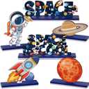 6 Pcs Space Party Decoration Outer Space Tiered Tray Decoration Astronaut Rocket Planet Centerpieces for Table Wooden Standing Block for Space birthday Party supplies