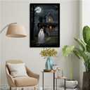 XWNLTEPK Halloween Canvas Wall Art Spooky Ghost Figure Haunted House Poster Moonlit Trees Foreboding Silhouette Wall Print Dark Gray Black Decor Living Room Bedroom (8x12in Black Framed, A05)