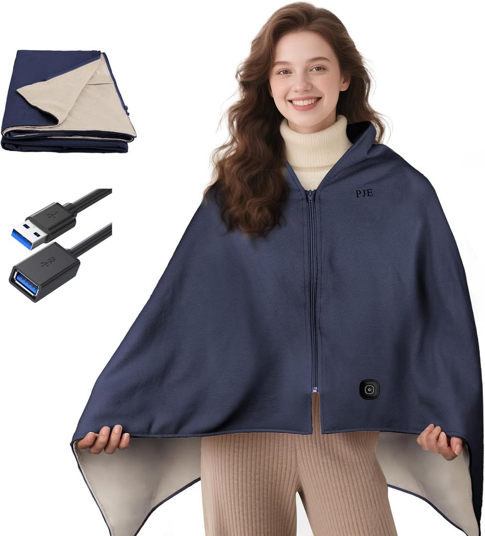 PJE Heated Blanket Portable Shawl Heating USB 3 Setting Electric Warming Throw 59.10 × 33.50 inches for Camping Travel Office(Power Bank not Include)