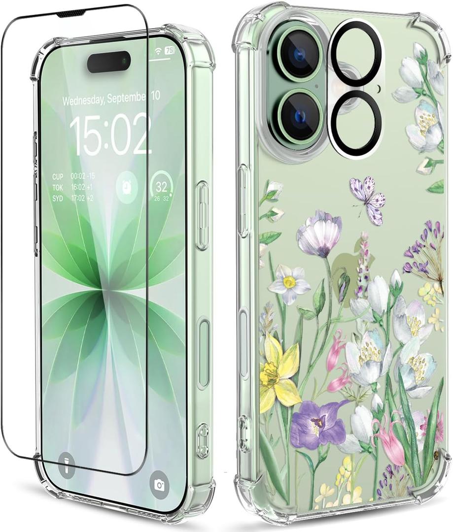 for iPhone 17 Case,[3 in 1] with Screen Protector & Camera Lens Protector, Flower Pattern Design,Clear Soft Shockproof Slim Floral Phone Cover for Women Girls 2025 6.3" (Lotus Summer)