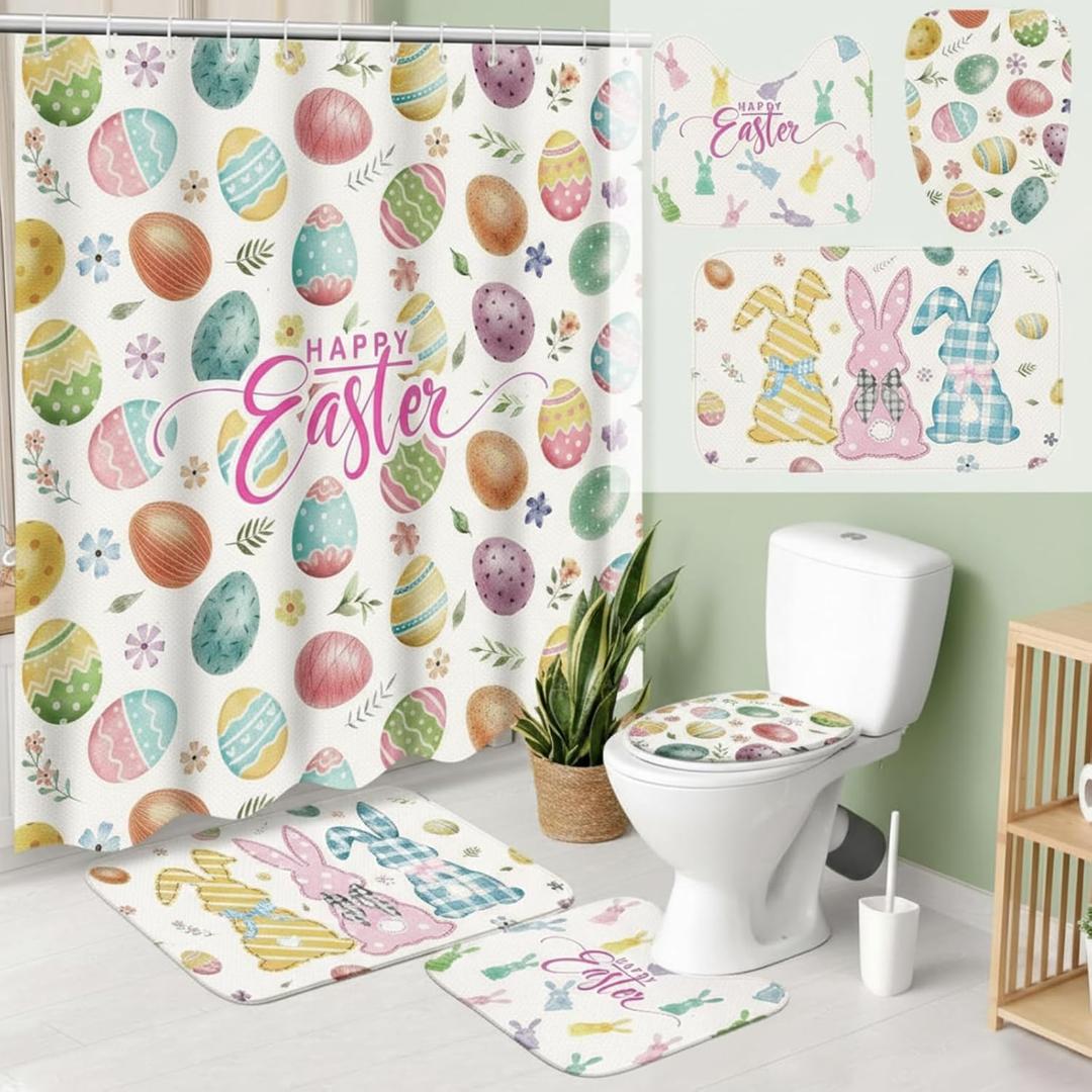 Teenyyou 4 Pcs Happy Easter Shower Curtains Set with Non Slip Rug Funny Rabbit Colorful Eggs Flower Bathroom Decor Toilet Lid Cover and Bath Mat Easter Eggs Shower Curtain with 12 Hooks