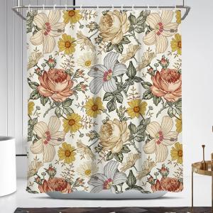 Coxila Floral Shower Curtain Vintage Flower Retro Plant Watercolor Dark Colorful Mustard Yellow Pale Peony Printed 60 x 72 Inch Polyester Fabric 12 Pack Hooks